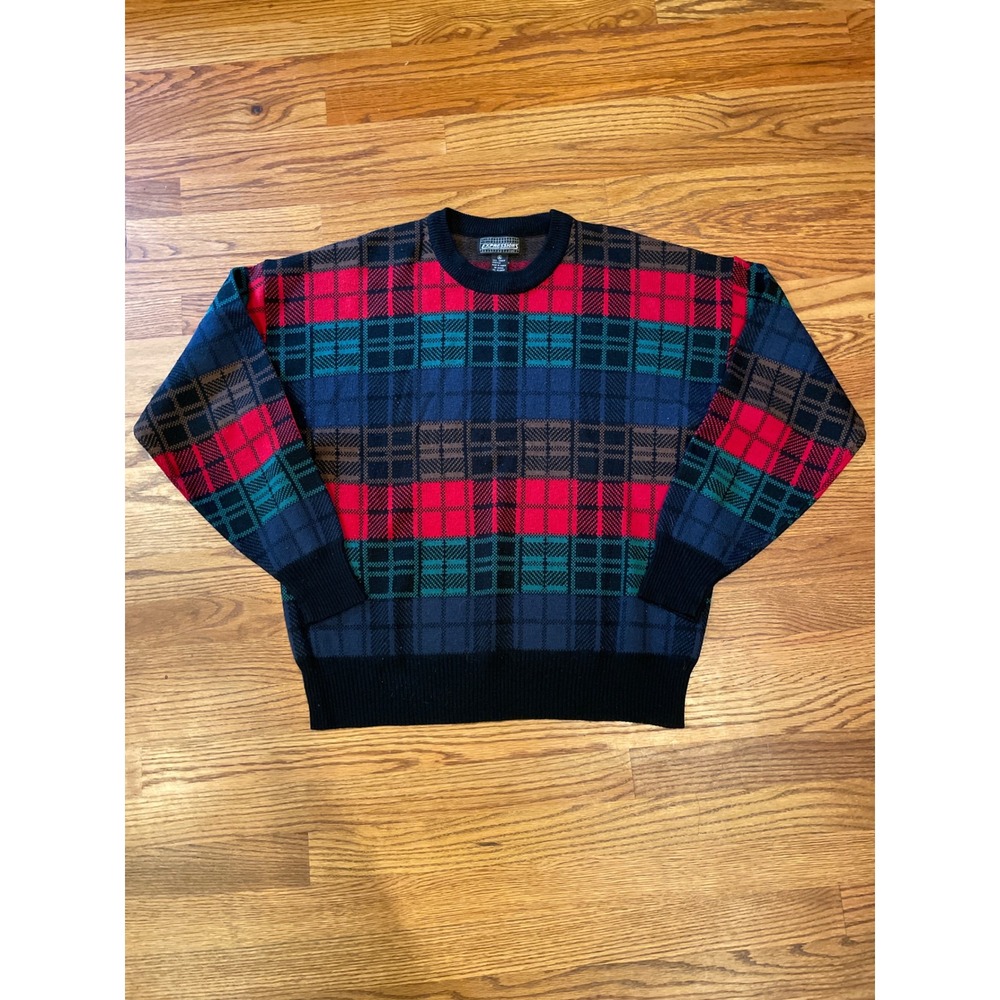 Vintage Expressions Mens Knit Sweater XL Multicolor Plaid‎ Virgin Acrylic Ugly